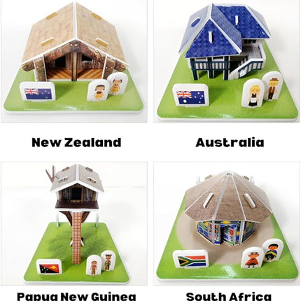 3D Puzzle Set - Traditional Houses Collection: Build 8 Country Models with Authentic Costumes, DIY Kit for Hobbyists, Creative Toy and Home Decor (Africa and Oceania)