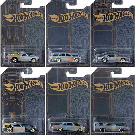Hot Wheels 51st Anniversary Satin & Chrome Series Set of 6 Cars, Custom '71 El Camino, 71 Datsun 510 Wagon, '67 Pontiac Firebird, Aristo Rat, 63 Chevy II