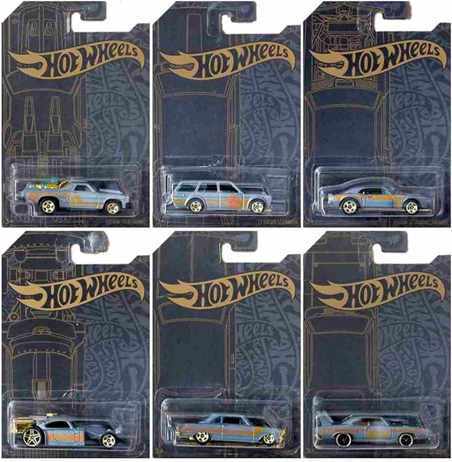 Hot Wheels 51st Anniversary Satin & Chrome Series Set of 6 Cars, Custom '71 El Camino, 71 Datsun 510 Wagon, '67 Pontiac Firebird, Aristo Rat, 63 Chevy II