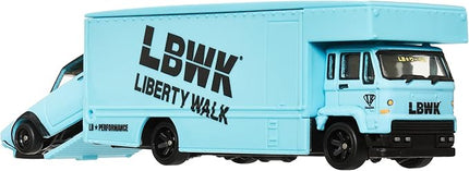 Hot Wheels Premium Car Team Transport Set, LBWK Liberty Walk Nissan Skyline 2000GT-R, Fleet Flyer #69 Truck and Car, 1:64 Scale, Blue Model