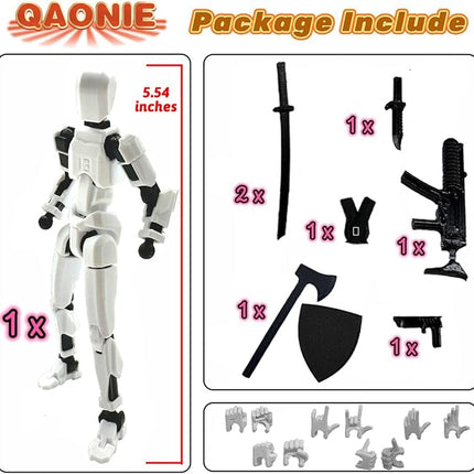 (Assembly Completed) 3D Printed Figure 5.54-inch Dummy13 with Weapon Expansion Set, Full Body Mechanical Movable Toy, Desk Decoration. (White)