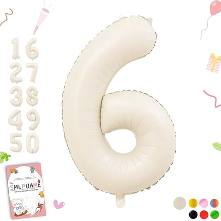 Smlpuame 40 Inch Beige Number 6 Balloons for 6th Birthday Decorations Boys Girl, Giant Self-Sealing Cream Foil Number 0-10 White Sand Balloon for Women Men Party Anniversary Baby Shower Supplies