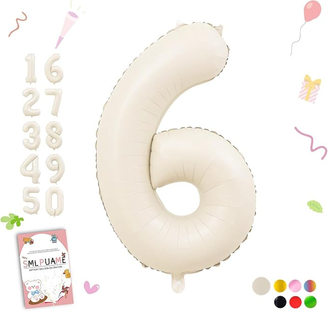 Smlpuame 40 Inch Beige Number 6 Balloons for 6th Birthday Decorations Boys Girl, Giant Self-Sealing Cream Foil Number 0-10 White Sand Balloon for Women Men Party Anniversary Baby Shower Supplies