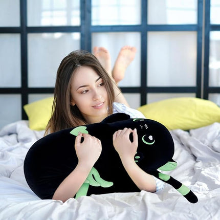 Long Plush Toy Cat Pillow Cute Plush Cat Toy Doll Stuffed Animal Cat Hugging Pillow for Sleeping Gift for Kids and Girls(Black&Green,90cm/35.4in)