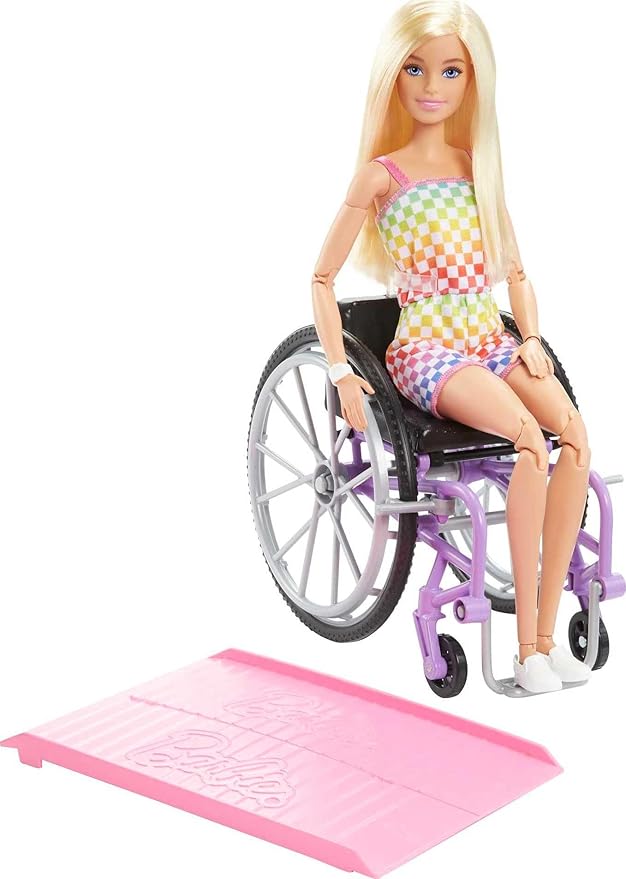 Barbie Doll with Wheelchair and Ramp, Kids Toys and Gifts, Blonde, Barbie Fashionistas, Rainbow Romper, Clothes and Accessories