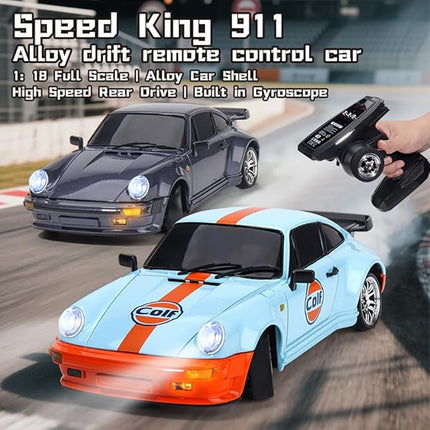 LDRC 1898 1:18 RC Drift Car 911 2.4GHz RWD with Gyroscope on-Road Alloy Body Shell Racing Cars Radio Control (Blue)