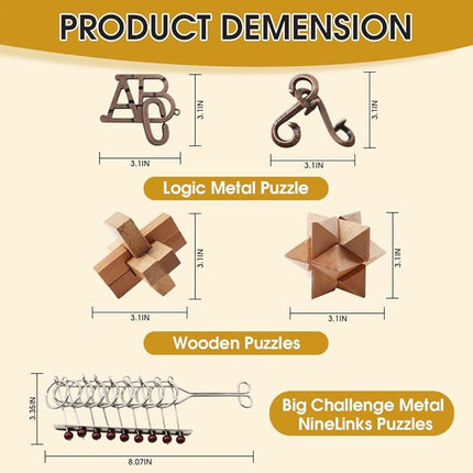 24PCS Brain Teaser Puzzles for Adults, Mind Puzzle Ancient Wooden and Metal Puzzles 3D Unlock Interlock IQ Education Puzzle Box Game for Adults