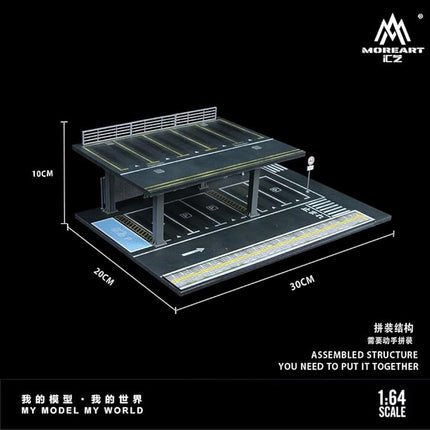 Steel Structure Parking Platform Diorama 1:64 Scale with LED Lighting – Double-Level Car Display for Hot Wheels, MiniGT, Matchbox – Urban Garage Scene – 30x20x10 cm
