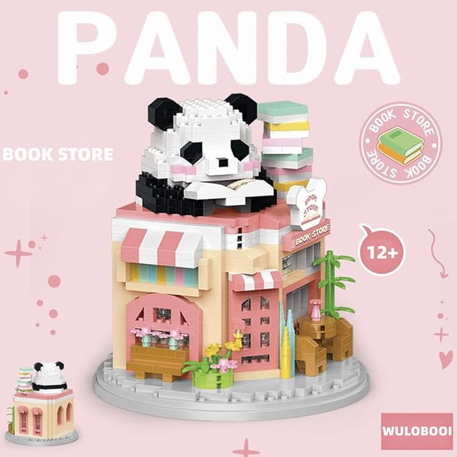 Street View Bookstore Mini Building Blocks,872 Pieces Cute Panda Animal Micro Building Sets,Simulation Architecture Construction Toy,Creative Gifts for Adults Teens 12+