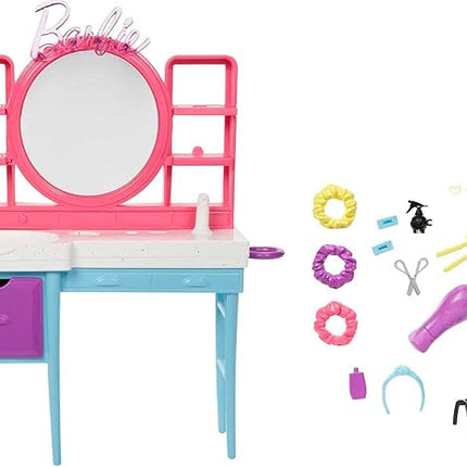 Barbie Doll & Hair Salon Playset with 15 Styling Accessories & Furniture, Long Color-Change Hair & Printed Dress