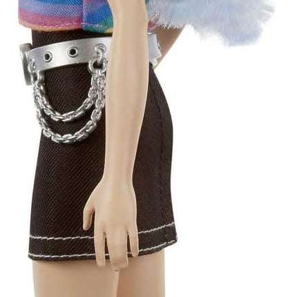 Barbie Fashionistas Doll with Long Blue Crimped Hair, Star Face Makeup, Multi-Color Striped Tee, Denim Skirt, Black Boots & Silvery Chain Belt, Toy for Kids 3 to 8 Years Old