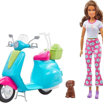 Barbie Fashionistas Doll and Scooter Travel Playset with Pet Puppy and Themed Accessories