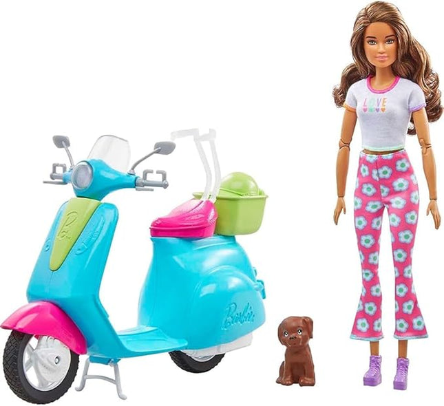 Barbie Fashionistas Doll and Scooter Travel Playset with Pet Puppy and Themed Accessories