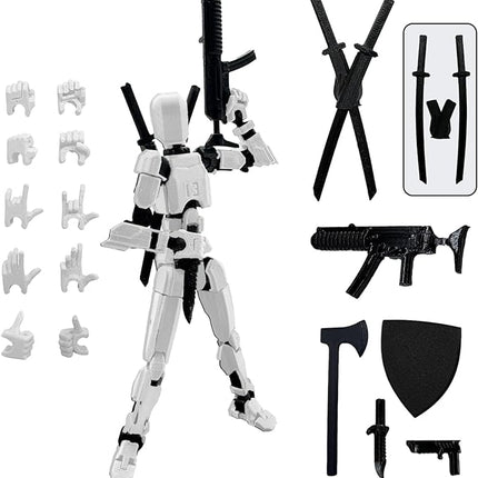 (Assembly Completed) 3D Printed Figure 5.54-inch Dummy13 with Weapon Expansion Set, Full Body Mechanical Movable Toy, Desk Decoration. (White)