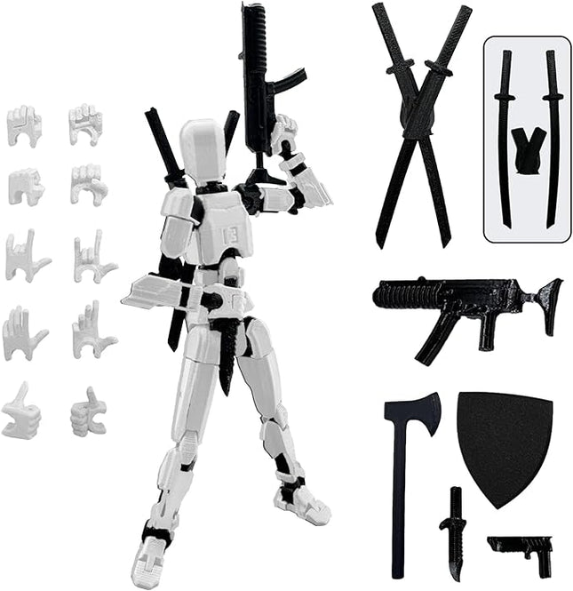 (Assembly Completed) 3D Printed Figure 5.54-inch Dummy13 with Weapon Expansion Set, Full Body Mechanical Movable Toy, Desk Decoration. (White)