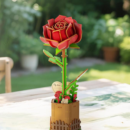 3D Red Rose Wooden Puzzles for Adults, DIY Wooden Flower Craft Kit, Artificial Flowers Model Kit to Assemble for Adults.(3.3 * 3.5 * 8.6in 73PCS)