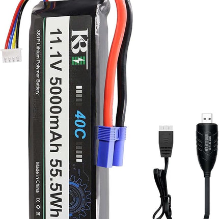 KBT 3S 5000mAh Soft Case LiPo High Discharge Rate Battery with USB Cable 40C(Burst 80C) 11.1V Rechargeable Lithium Polymer Battery with EC5 Plug for RC Car Trucks Boat Vehicle Airplane RC Hobby