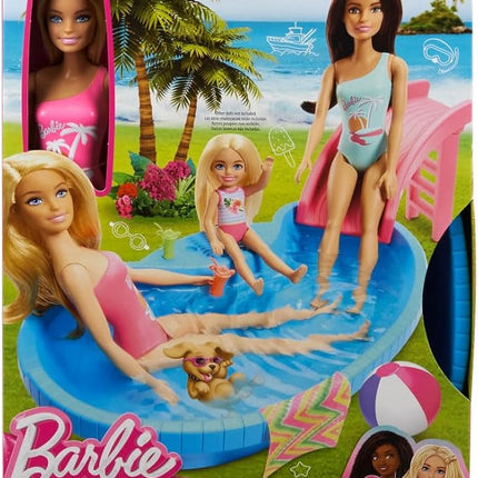 Barbie Doll & Pool Playset, Blonde in Tropical Pink One-Piece Swimsuit with Pool, Slide, Towel & Drink Accessories