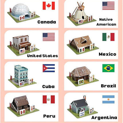 3D Puzzle Set - Traditional Houses Collection: Build 8 Country Models with Authentic Costumes, DIY Kit for Hobbyists, Creative Toy and Home Decor (America)