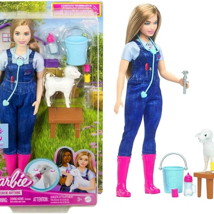 Barbie 65th Anniversary Doll & 10 Accessories, Farm Veterinarian Set with Blonde Vet Doll, Lamb with Moving Ears & More