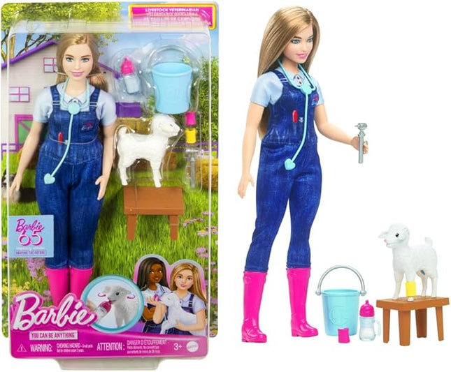 Barbie 65th Anniversary Doll & 10 Accessories, Farm Veterinarian Set with Blonde Vet Doll, Lamb with Moving Ears & More