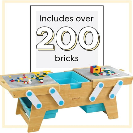 KidKraft Building Bricks Play N Store Wooden Table, Children's Toy Storage with Bins, 200+ Building Blocks Included, Natural, Gift for Ages 3+