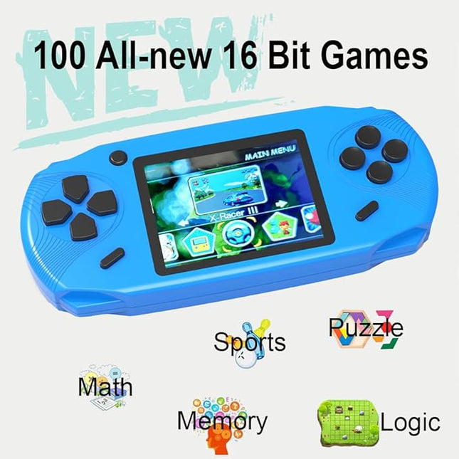 16 Bit Handheld Games for Kids Adults 3.0'' Large Screen Preloaded 100 HD Classic Retro Video Games USB Rechargeable Seniors Electronic Game Player Birthday Xmas Present (Blue)