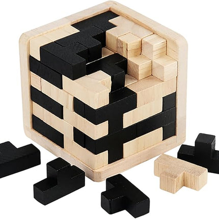 Wooden Brain Teaser Puzzle Cube Easter Basket Stuffers Wooden Puzzles T-Shaped Jigsaw Logic Puzzle Educational Toy for Kids and Adults by AHYUAN (Black and Natural)