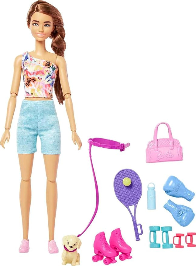 Barbie Doll, Kids Toys, Brunette Doll with Pet Puppy, Barbie Sets, Workout Theme with Accessories, Self-Care Series, Roller Skates and Tennis