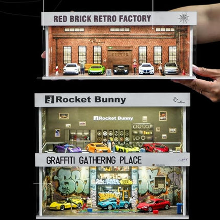 Display Case for Hot Wheels: Stackable Parking Garage for 1/64 Scale Matchbox Toy Car, FoamBoard Storage for Monster Trucks with LED Light and Acrylic Cover, 2025 Upgraded Rocket Bunny