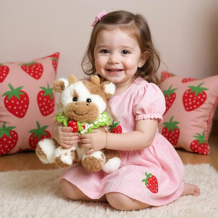 Hopearl Adorable Plush Cow Toy with Knitted Cute Strawberry Bib Floppy Dairy Cattle Soft Stuffed Animal Gifts for Boys Girls Kids Toddlers, Light Brown, 9''