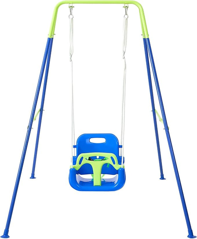 FUNLIO Toddler Swing with Foldable Metal Stand for Toddlers Aged 1~10 Years, 3-in-1 Baby Swing Set with 4 Sandbags for Backyard/Indoor/Outdoor Play, Easy to Assemble & Store - Bluegreen