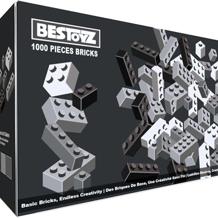 Building Bricks 1000 Pieces in Black, Dark Grey, Light Grey & White, Classic General Building Blocks Toys for Boys & Girls, Bulk Basic Brick Tiles for Adult's Building Projects