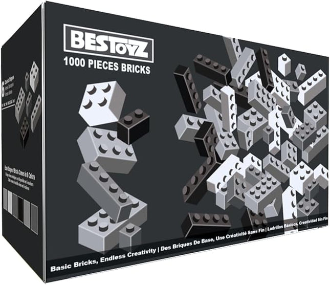 Building Bricks 1000 Pieces in Black, Dark Grey, Light Grey & White, Classic General Building Blocks Toys for Boys & Girls, Bulk Basic Brick Tiles for Adult's Building Projects