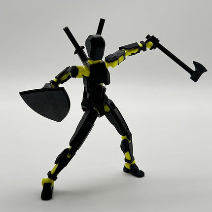 (Assembly Completed) 3D Printed Figure 5.54-inch Dummy13 with Weapon Expansion Set and Bracket, Full Body Mechanical Movable Toy, Desk Decoration. (Black+Yellow)