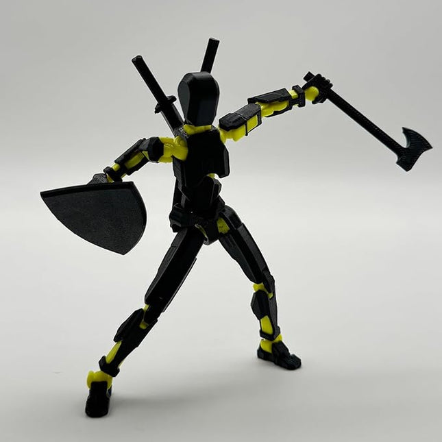 (Assembly Completed) 3D Printed Figure 5.54-inch Dummy13 with Weapon Expansion Set and Bracket, Full Body Mechanical Movable Toy, Desk Decoration. (Black+Yellow)