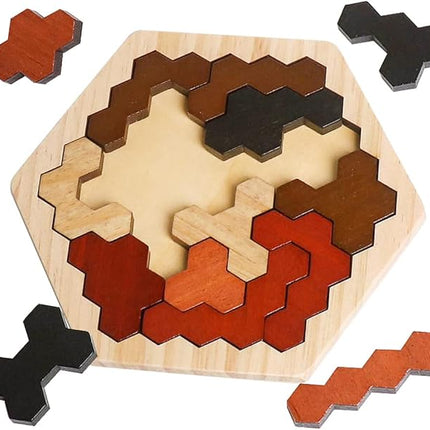Skrtuan Wooden Hexagon Puzzle for Kids & Adults, Montessori STEM Educational Toy with Colorful Shapes, Logic IQ Brain Teaser Game for Kids, Geometry Tangram Gift