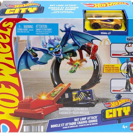 Hot Wheels City Toy Car Track Set, Bat Loop Attack with Adjustable Loop & Launcher, 1:64 Scale Vehicle, Connects to Other Sets