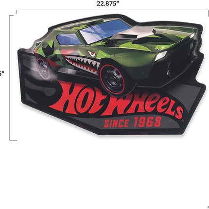 Mattel Hot Wheels Green Shark Car Embossed Metal Sign - Large Hot Wheels Wall Decor for Kids' Bedroom or Man Cave