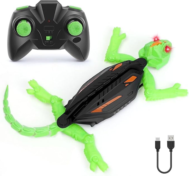 Remote Control Gecko Toy, Wall Climbing Toys with LED Lights, 360° Rotating Wheels, USB Rechargeable