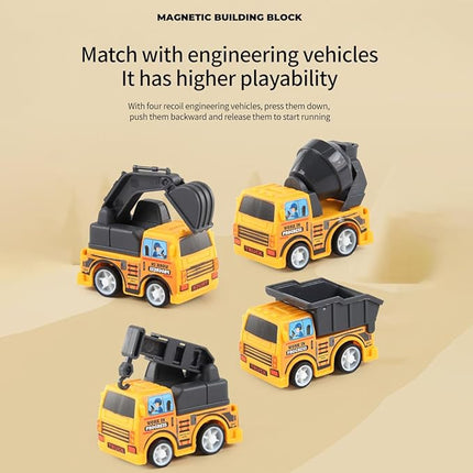 Magnetic Construction Building Blocks Set, 136PCS Tile with 4 Toy Trucks, Education STEM Consrtuction Site Theme Toy for Age 3-5, 6 7 8 9 10 (Construction Set)