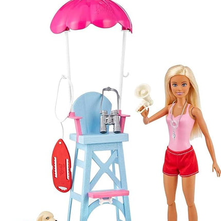 Barbie Careers Playset, Blonde Lifeguard Doll Wearing Removable Outfit with Dog, Chair & 5+ Accessories
