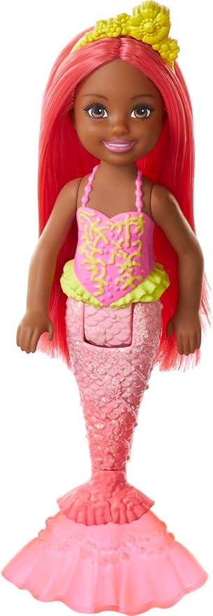 Barbie Dreamtopia Chelsea Mermaid Doll with Coral-Colored Hair & Tail, Royal Headband Accessory, Small Doll Bends at Waist