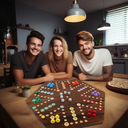 Extra Large Wahoo Board Game Wooden Original Board Game 2 Side Painted Fast Track Game for 4 Player and 6 Player with 30 Marbles,6 Dices for Family Game Night (Brush Paint Burn Color)
