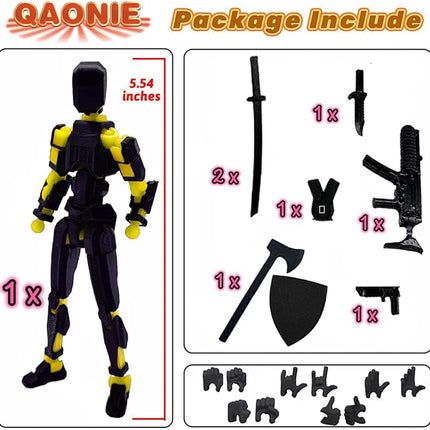 (Assembly Completed) 3D Printed Figure 5.54-inch Dummy13 with Weapon Expansion Set and Bracket, Full Body Mechanical Movable Toy, Desk Decoration. (Black+Yellow)