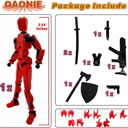 (Assembly Completed) 3D Printed Figure 5.54-inch Dummy13 with Weapon Expansion Set, Full Body Mechanical Movable Toy, Desk Decoration. (Bright Red)