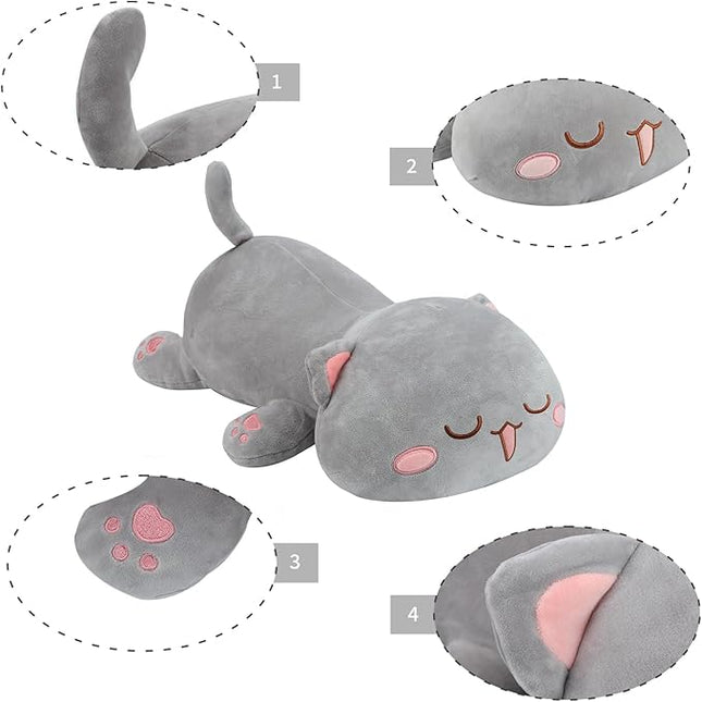 AFAN Cat Stuffed Animals Plush Cute Soft Cat Plush Pillow Toys Kawaii Plushies Room Decor Gifts for Kids Girls Boys (Squinted Eyes, Grey, 19.6 Inch)