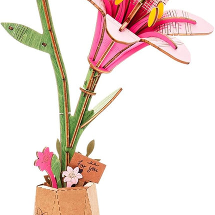 Rowood Wooden Flower Kit,DIY Artifical Flower Building Set Craft Kit for Adults,Mother's Day/Valentine's Day for Mom/Women/Grandma-Pink Lily