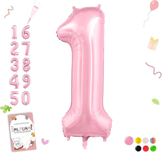 Smlpuame Pastel Pink 1 Balloons, 40 Inch Large Light Pink Foil Number Balloons 0-10, Self-Sealing 1st Birthday Balloon for Girls Women Anniversary Baby Shower Princess Party Decorations Supplies