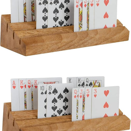 Wooden Playing Card Holder for Table Games, Card Storage and Display Card Holders for Playing Cards Stand Set of 2, for Adults Seniors Kids, 3 Slots